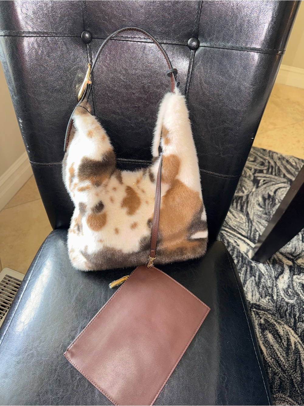 BCBGeneration White, Brown & Cream Faux Fur Shoulder Bag with Removable Pouch